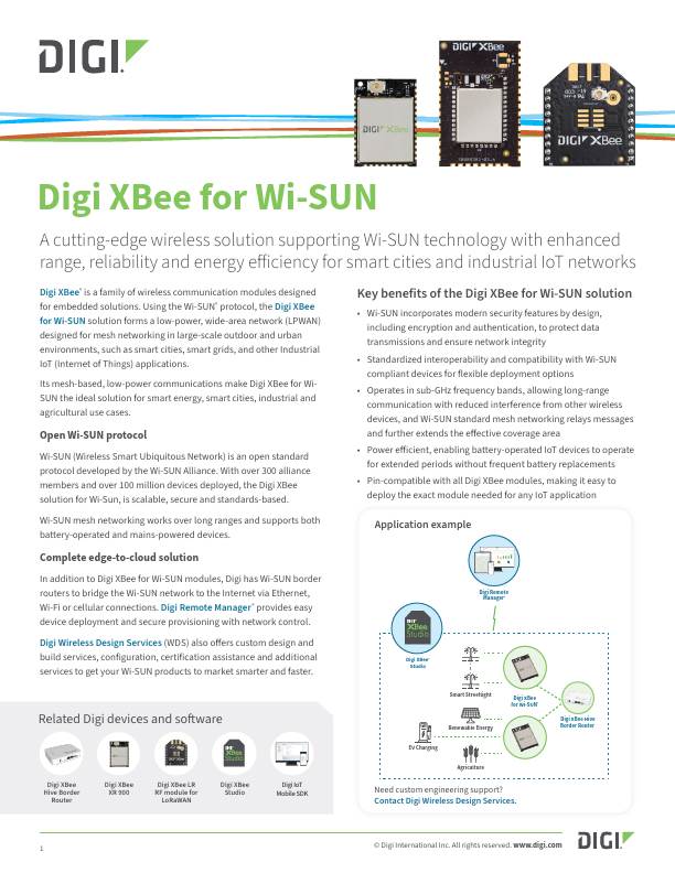 Cover page for Digi XBee for Wi-SUN RF Module Datasheet.
